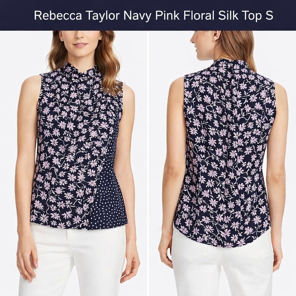 Rebecca Taylor Silk Blend Navy and Pink Floral Shirt Size S